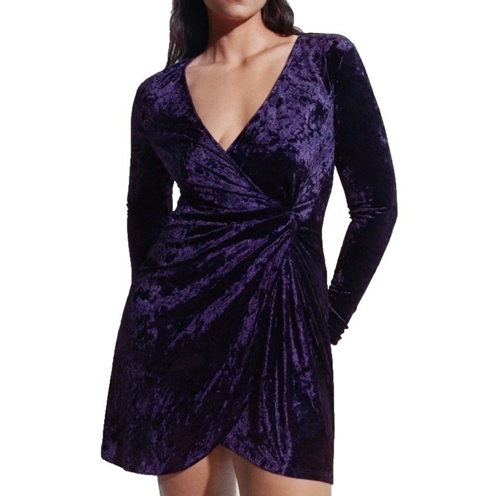 MANGO MNG Women 14 Crushed Velvet Long Sleeve Knot Mini Purple Dress Whimsigoth